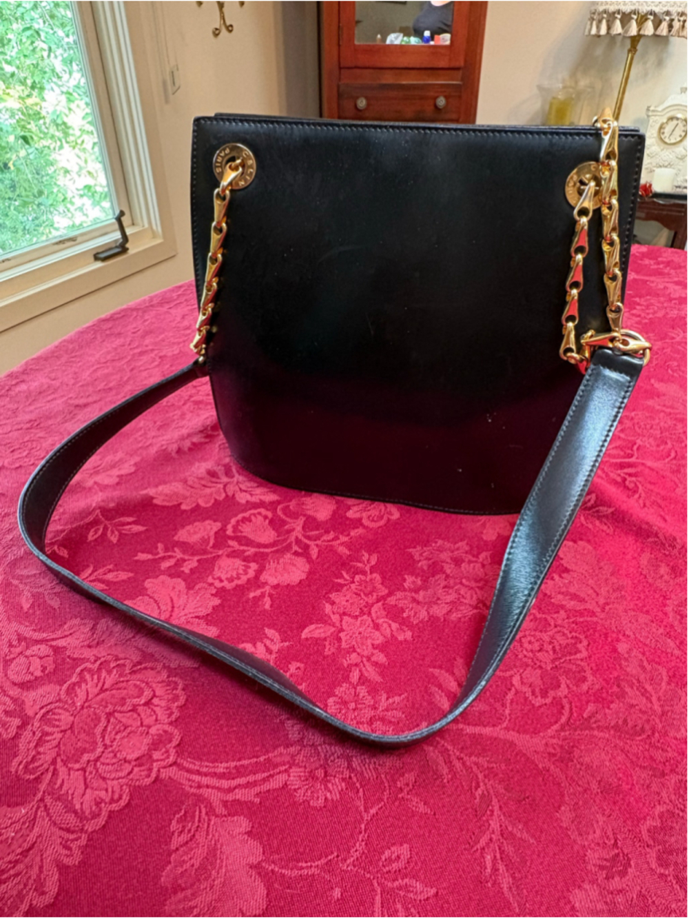 Celine Black Leather Vintage Shoulder Bag With Gold Chains